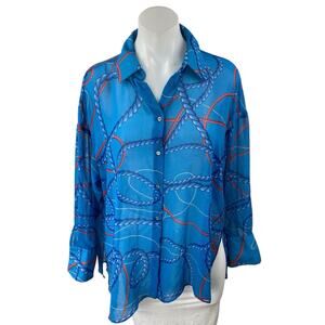 Zara Blue Nautical Print Oversized Long Sleeve Button Down Blouse Shirt Top Sz M